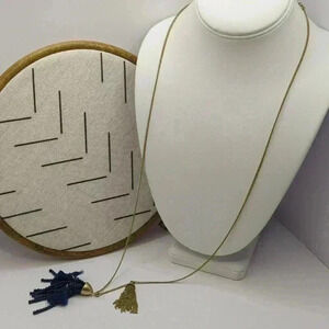 J. Crew Navy Blue Fabric Bead chandelier fringe 31" necklace EUC antiqued Gold